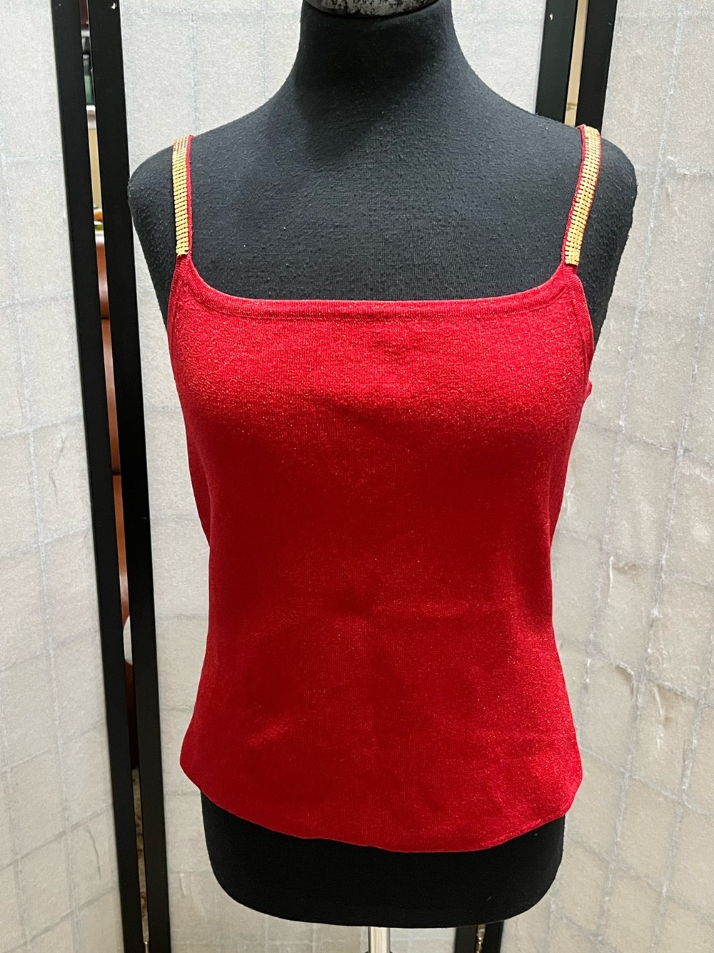 Michelle Antonelli Red Sleeveless Knit Tank with Embellished Straps vintage SZ L